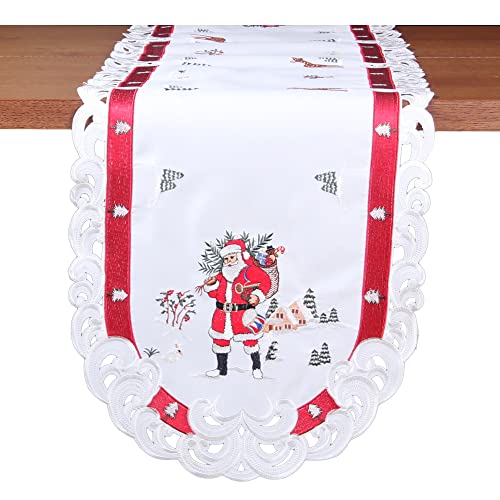 Weihnachtsmann in Winterlandschaft Stickerei Tischläufer 45 x 130 cm Polyester, rot-weiß von HanaQi