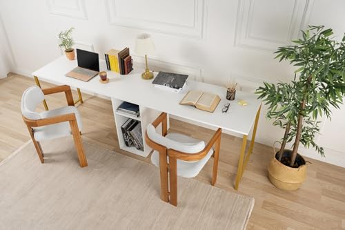 Contemporary and Practical Study Desk, White, Gold, 240 x 74 x 60 | 100% Melamine Coated Particle Board| Perfect for Modern Home Office & Study Spaces, Elegant and Functional Design von Hanah Home