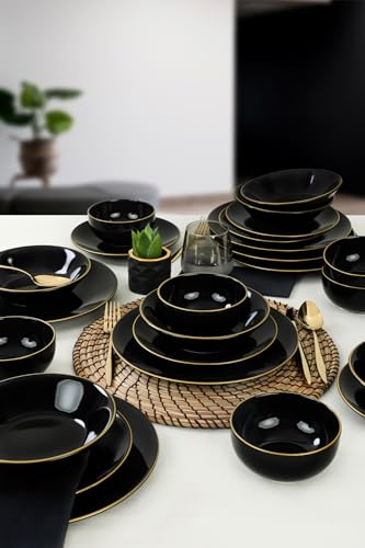Elegant 24-Piece Ceramic Dinner Set, Black & Gold | 100% Stoneware, Antibacterial, Easy Clean, Thermal Shock Resistant | Dishwasher & Microwave Safe Elegant 24-Piece Ceramic Dinner Set, Black & Gold | 100% Stoneware, Antibacterial, Easy Clean, Thermal Shock Resistant | Dishwasher & Microwave Safe von Hanah Home