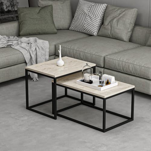 Elegant Coffee Table, Travertine Color, 100% Melamine Coated Particle Board, 18mm Thick | Lower Module: 72x37x45cm, Upper Module: 60x47x45cm | Stylish & Functional Design for Modern Living Spaces von Hanah Home