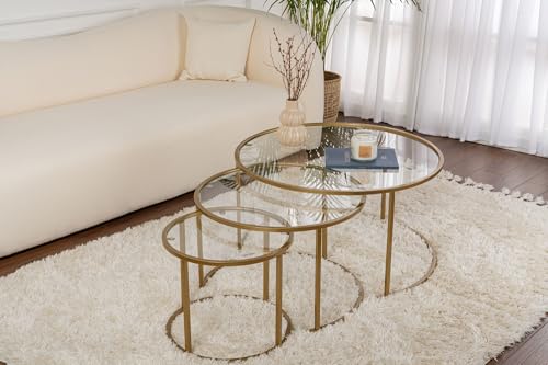Elegant Coffee Table Set (3 Pieces) | 100% Tempered Glass, Gold & Transparent | Small: 42x35x42 cm, Medium: 60x39x60 cm, Large: 80x43x80 cm | Stylish & Durable Design for Modern Living Spaces von Hanah Home