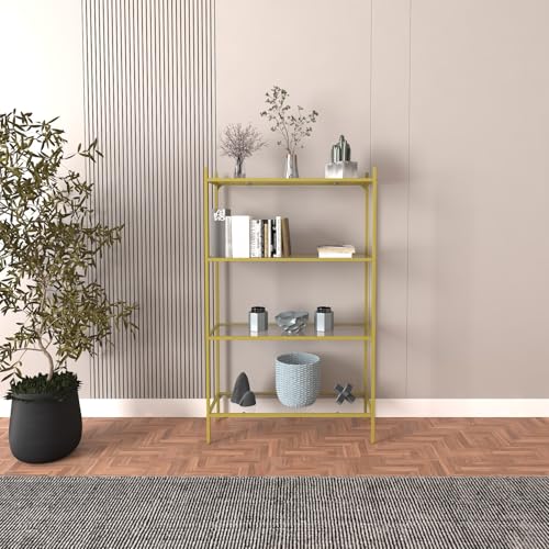 Elegant Gold Bookshelf with Tempered Glass, 80 x 30 x 126 cm | Sturdy Metal Legs (15 mm) | Modern Design for Home & Office Storage von Hanah Home