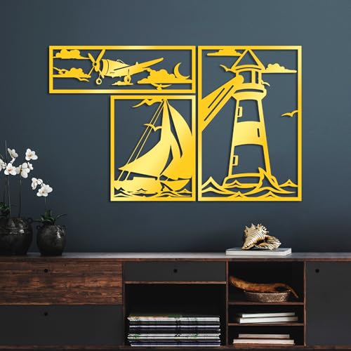 Elegant Gold Decorative Metal Wall Accessory Set (3 Pieces) | 1.5 mm Thick | Sizes: 18x57cm, 41x33cm, 60x40cm | Perfect for Modern Home Decor von Hanah Home