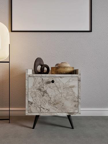 Elegant Nightstand with Ephesus Marble Finish, 50 cm W x 55 cm H x 40 cm D | 100% Melamine Coated, PU Leather Handle, Wooden Legs, Multiple Shelves von Hanah Home