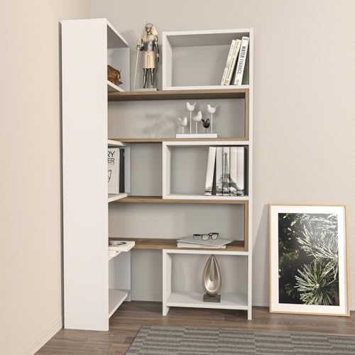 Hanah Home Elegant Bookshelf, White & Walnut, 163.5 x 150 x 22 cm | 100% Melamine Coated Particle Board, 18 mm Thick | Stylish Storage for Modern Homes Hanah Home Elegant Bookshelf, White & Walnut, 163.5 x 150 x 22 cm | 100% Melamine Coated Particle Board, 18 mm Thick | Stylish Storage for Modern Homes von Hanah Home