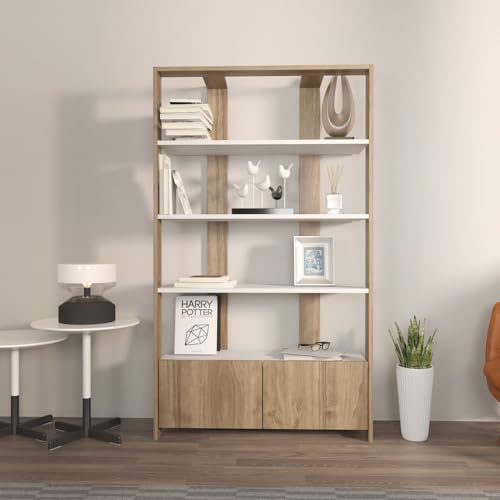 Hanah Home Elegant Bookshelf, White & Walnut, 93.6 x 31.5 x 160 cm | 100% Melamine Coated Particle Board, 18 mm Thick | Stylish Storage for Modern Homes von Hanah Home