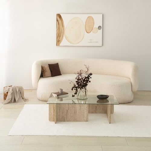 Hanah Home Elegant Coffee Table, Travertine Color, 105 x 30 x 65 cm | 100% Glass Top & Melamine Coated Particle Board | Stylish Marble Design for Modern Living Spaces von Hanah Home