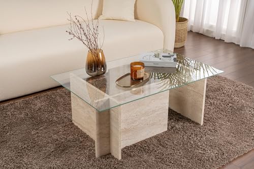 Hanah Home Elegant Coffee Table, Travertine Color, 105 x 65 x 40 cm | 100% Tempered Glass & Melamine Coated Particle Board, 18 mm Thick | Stylish Marble Design for Modern Living Spaces von Hanah Home