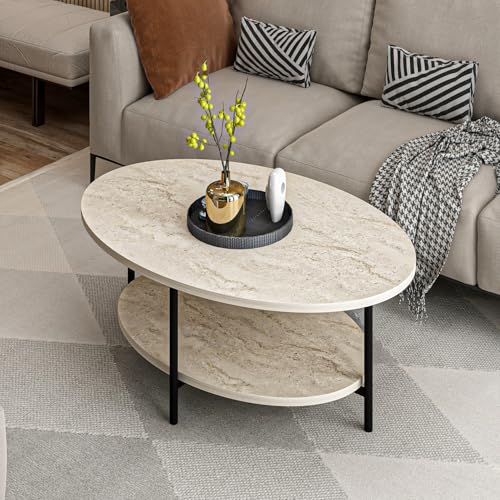 Hanah Home Elegant Coffee Table, Travertine Color, 90 x 36 x 60 cm | 100% Melamine Coated Particle Board, 18 mm Thick | Stylish Marble Design for Modern Living Spaces von Hanah Home