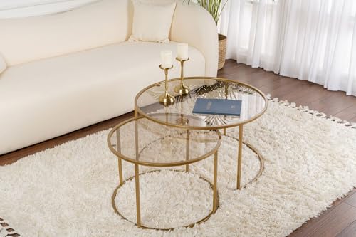 Hanah Home Elegant Coffee Table Set (2 Pieces), Gold & Bronze, 80 x 80 x 43 cm & 60 x 60 x 39 cm | 100% Tempered Glass & Metal Frame | Stylish & Durable Design for Modern Living Spaces von Hanah Home