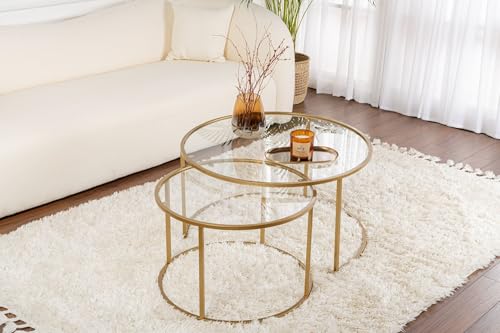 Hanah Home Elegant Coffee Table Set (2 Pieces), Gold & Transparent, 60x60x39 & 80x80x43 cm | 100% Tempered Glass & Metal Frame | Stylish & Durable Design for Modern Living Spaces von Hanah Home
