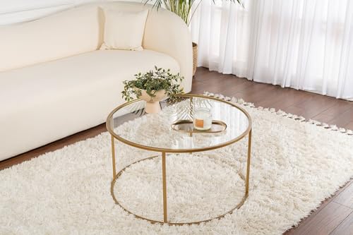 Hanah Home Elegant Coffee Table with 100% Tempered Glass Top (4 mm) & Sturdy Metal Frame (1.5 mm), 80 x 80 x 43 cm, Gold & Transparent Finish | Modern Design for Living Room von Hanah Home