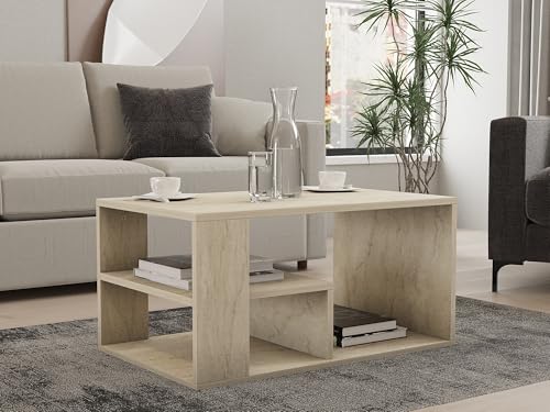 Hanah Home Elegant Coffee Table with Wall-Mount Option, Travertine Color, 80 x 50 x 40 cm | 100% Melamine Coated, 18 mm Thick | Stylish Storage & Shelves for Modern Living von Hanah Home