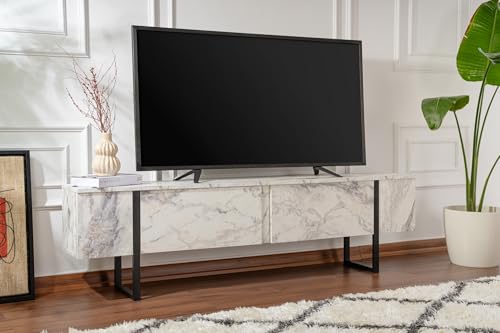 Hanah Home Elegant TV Stand, Freesia Marble & Black, 180 x 50 x 29.5 cm | 100% Melamine Coated Particle Board, 18 mm Thick | Stylish & Functional for Modern Living Rooms von Hanah Home