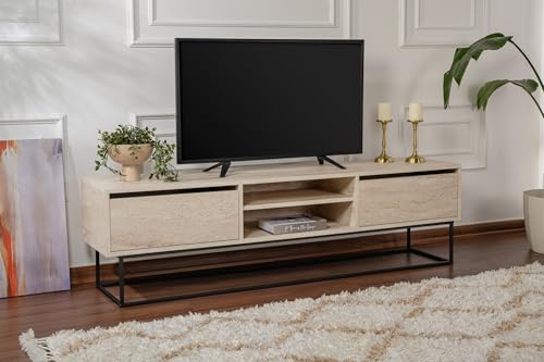 Hanah Home Elegant TV Stand with Iron Legs, Travertine Black, 180 x 50 x 40 cm | 100% Melamine Coated Particle Board, 2 Drawers & Multiple Shelves | Modern Marble Design Hanah Home Elegant TV Stand with Iron Legs, Travertine Black, 180 x 50 x 40 cm | 100% Melamine Coated Particle Board, 2 Drawers & Multiple Shelves | Modern Marble Design von Hanah Home