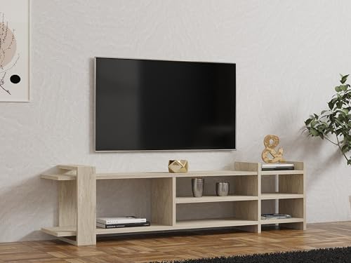 Hanah Home Elegant TV Stand with Marble Concept, Travertine Color, 156 cm Wide | 100% Melamine Coated Particle Board, 18 mm Thick | Ample Shelves & Storage von Hanah Home