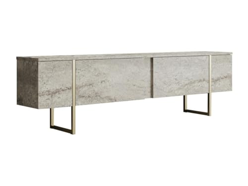 Hanah Home Elegant TV Stand with Metal Legs, Travertine & Gold Finish, 180 x 30 x 50 cm | 100% Melamine Coated Particle Board, 18 mm Thick | Stylish Marble Design for Modern Living Rooms von Hanah Home