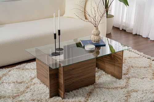 Hanah Home Elegant Walnut Coffee Table, 105 x 65 x 40 cm | 100% Tempered Glass Top, 100% Melamine Coated Particle Board, 18 mm Thick | Stylish & Durable Design von Hanah Home