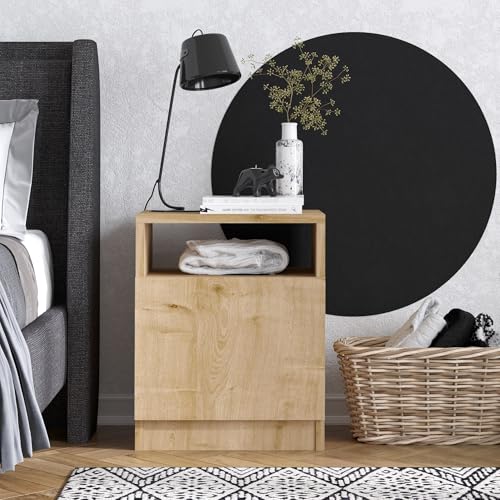 Hanah Home Elegant Walnut Nightstand, 40 x 50 x 40 cm | 100% Melamine Coated Particle Board, 18 mm Thick | Stylish Storage Solution for Modern Bedrooms von Hanah Home