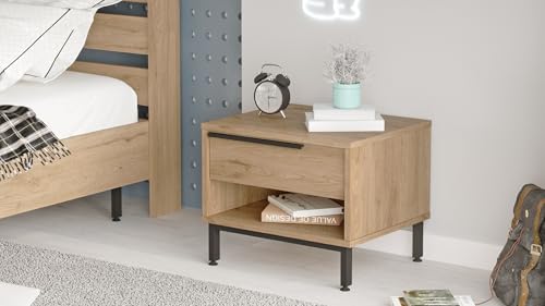 Hanah Home Elegant Walnut Nightstand with Metal Legs, 53.6 x 42.4 x 44.5 cm | 100% Melamine Coated Particle Board, 18 mm Thick | Stylish Storage for Modern Bedrooms von Hanah Home