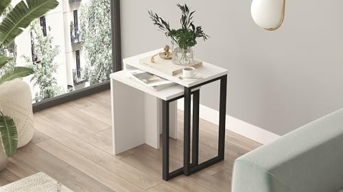 Hanah Home Elegant White Nesting Tables (2 Pieces), 100% Melamine Coated Particle Board, Metal Legs | Dimensions: 51x52.8x29.5 & 44.5x47.8x24.5 cm | Stylish & Functional for Modern Spaces von Hanah Home