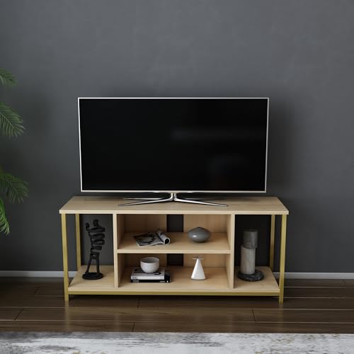 Hanah Home Glamorous TV Stand, Gold & Oak, 120 x 35 x 50.8 cm | 100% Melamine Coated Particle Board, 18 mm Thick, Sturdy Metal Frame | Stylish & Functional Design for Modern Living Rooms von Hanah Home