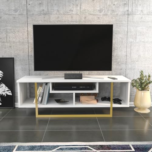 Hanah Home Glamorous TV Stand, Gold & White, 120 x 35.2 x 40.2 cm | 100% Melamine Coated Particle Board, 18 mm Thick | Stylish & Functional for Modern Living Rooms von Hanah Home