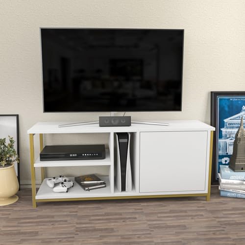 Hanah Home Glamorous TV Stand, Gold & White, 120 x 35.3 x 50.8 cm | 100% Melamine Coated Particle Board, 18 mm Thick | Stylish & Functional for Modern Living Rooms von Hanah Home