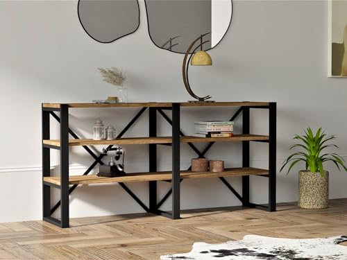 Hanah Home Industrial Bookshelf, Walnut & Black, 133.2 x 65 x 32.1 cm | 100% Melamine Coated Particle Board, 18 mm Thick | Wall-Mountable, Stylish Storage Solution von Hanah Home
