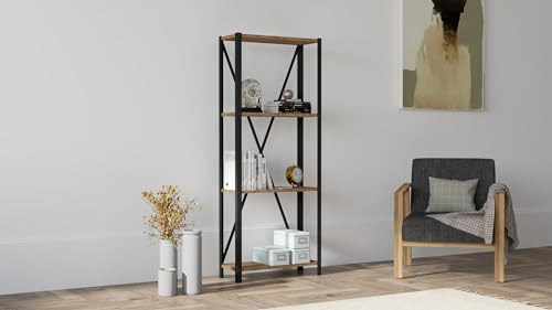 Hanah Home Industrial Bookshelf, Walnut & Black, 60 x 149.5 x 29 cm | 100% Melamine Coated Particle Board, 18 mm Thick, Metal Frame | Wall-Mountable Design von Hanah Home