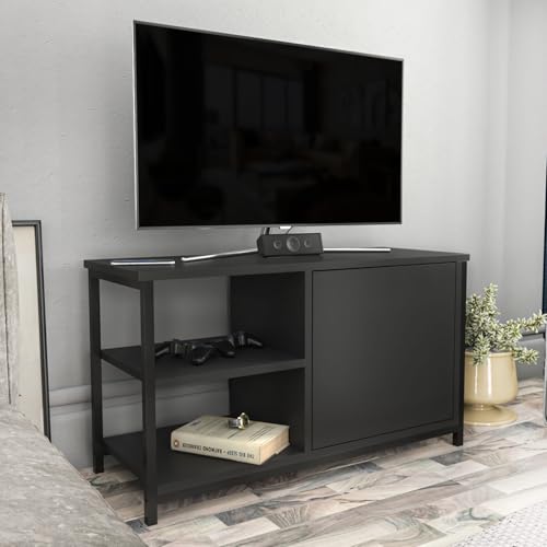 Hanah Home Industrial TV Stand, Black & Anthracite, 89.6 x 35.3 x 50.8 cm | 100% Melamine Coated Particle Board, 18 mm Thick, Sturdy Metal Frame | Stylish & Functional Design for Modern Living Rooms von Hanah Home