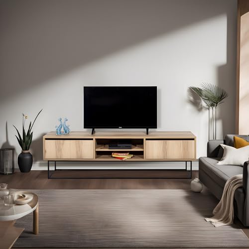 Hanah Home Industrial TV Stand with Iron Legs, 180 cm | 100% Melamine Coated Particle Board, 18 mm Thick | 2 Drawers, Multiple Shelves, Felt & Black Finish Hanah Home Industrial TV Stand with Iron Legs, 180 cm | 100% Melamine Coated Particle Board, 18 mm Thick | 2 Drawers, Multiple Shelves, Felt & Black Finish von Hanah Home