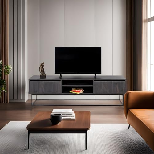 Hanah Home Industrial TV Stand with Iron Legs, Dark Brown & Black, 180 cm | 100% Melamine Coated Particle Board, 18 mm Thick | 2 Drawers & Multiple Shelves, Stylish & Functional von Hanah Home