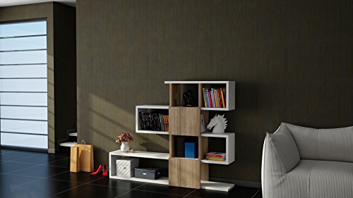 Hanah Home Modern Bookshelf, White & Walnut, 120 x 109 x 19.5 cm | 100% Melamine Coated Particle Board, 18 mm Thick | Wall-Mountable, Stylish & Functional Design von Hanah Home