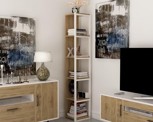 Hanah Home Modern Bookshelf with Metal Frame, Oak & White, 33.7 x 180 x 29.5 cm | 100% Melamine Coated, 18 mm Thick | Wall-Mountable, Stylish Storage Solution Hanah Home Modern Bookshelf with Metal Frame, Oak & White, 33.7 x 180 x 29.5 cm | 100% Melamine Coated, 18 mm Thick | Wall-Mountable, Stylish Storage Solution von Hanah Home