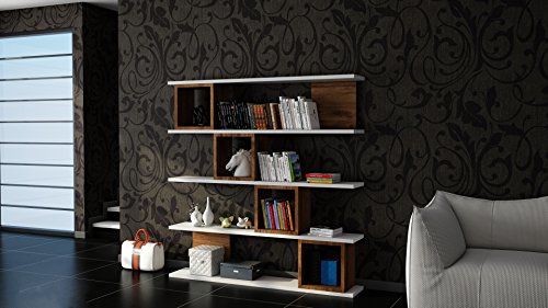 Hanah Home Modern Bookshelf with Numerous Shelves, White & Walnut, 120 x 119.9 x 19.5 cm | 100% Melamine Coated Particle Board, 18 mm Thick | Wall-Mountable Design von Hanah Home