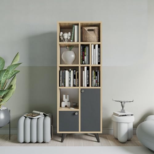 Hanah Home Modern Bookshelf with Wall-Mount Option, Anthracite & Oak, 60 x 170 x 30 cm | 100% Melamine Coated, 18 mm Thick, Plastic Legs, Stylish & Functional Design Hanah Home Modern Bookshelf with Wall-Mount Option, Anthracite & Oak, 60 x 170 x 30 cm | 100% Melamine Coated, 18 mm Thick, Plastic Legs, Stylish & Functional Design von Hanah Home