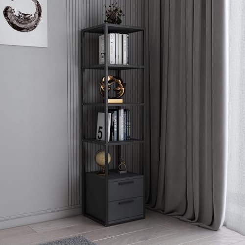 Hanah Home Modern Industrial Bookshelf, 160 cm Height, Black & Anthracite | 100% Melamine Coated Particle Board, 18 mm Thick, Sturdy Metal Frame | Stylish Storage Solution von Hanah Home