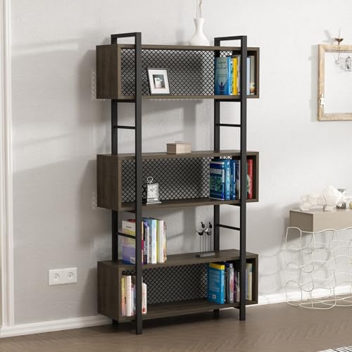 Hanah Home Modern Industrial Bookshelf, Walnut Color, 90 x 25 x 160 cm | 100% Melamine Coated Particle Board, Metal Frame & Legs | Wall-Fixable, Stylish Storage Solution von Hanah Home
