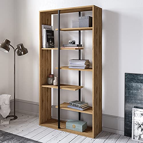 Hanah Home Modern Industrial Bookshelf, Walnut & Black, 90 x 173.2 x 29.5 cm | 100% Melamine Coated Particle Board & Metal | Wall-Mountable, Stylish Storage Solution von Hanah Home