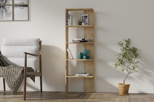 Hanah Home Modern Oak Bookshelf, 51 cm W x 160 cm H x 21 cm D | 100% Melamine Coated Particle Board, 18 mm Thick | Wall-Mountable, Stylish Scandinavian Design von Hanah Home