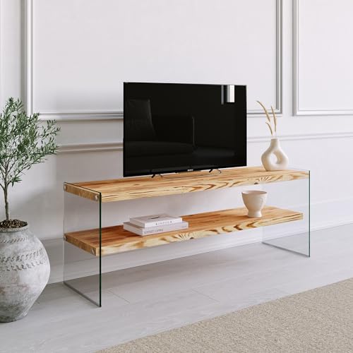Hanah Home Modern Oak TV Stand, 120 cm | 100% Pine Solid Wood & Tempered Glass, 8 mm Thick | Wall-Mountable, Multiple Shelves, Max 20 kg Each | Stylish & Functional von Hanah Home