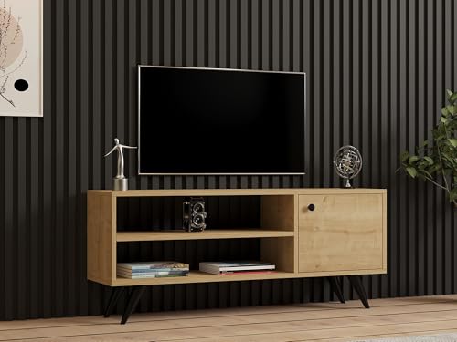 Hanah Home Modern Oak TV Unit, 120 cm | 100% Melamine Coated Particle Board, 18 mm Thick | Wall-Mountable, Extra Storage & Shelves | Stylish & Functional Design von Hanah Home