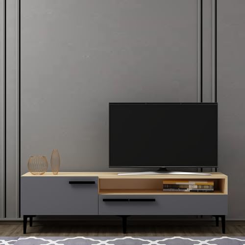 Hanah Home Modern TV Stand with Numerous Shelves, Oak & Anthracite, 150 cm x 50 cm x 35 cm | 100% Melamine Coated Particle Board, 18 mm Thick | Stylish & Functional Storage Solution Hanah Home Modern TV Stand with Numerous Shelves, Oak & Anthracite, 150 cm x 50 cm x 35 cm | 100% Melamine Coated Particle Board, 18 mm Thick | Stylish & Functional Storage Solution von Hanah Home