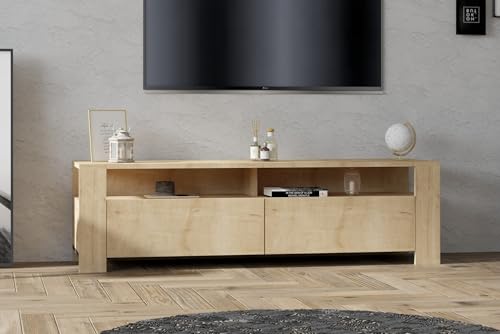Hanah Home Modern TV Unit in Sapphire Oak, 140 cm | 100% Melamine Coated Particle Board, 18 mm Thick | Wall-Mountable with Multiple Shelves | Scandinavian Design von Hanah Home