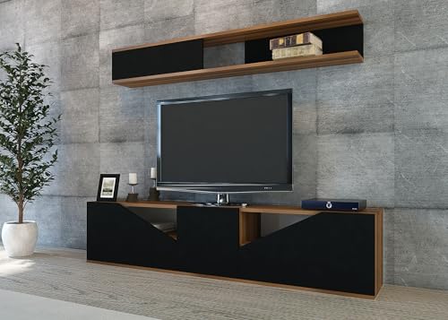 Hanah Home Modern TV Unit with Wall Shelf, Walnut & Black, 180 x 40 x 31 cm | 100% Melamine Coated Particle Board, 18 mm Thick | Stylish & Functional Design von Hanah Home