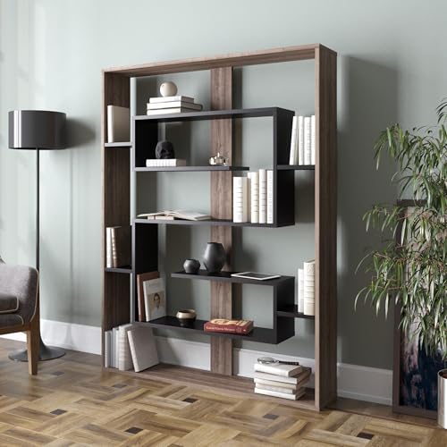 Hanah Home Modern Walnut & Black Bookshelf, 120 x 156 x 22 cm | 100% Melamine Coated Particle Board, 18 mm Thick | Wall-Mountable, Stylish Storage Solution von Hanah Home