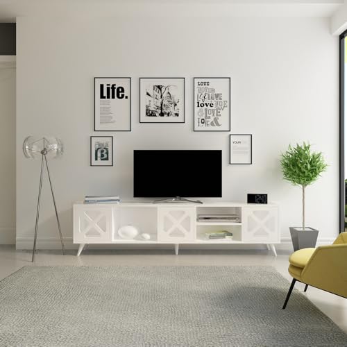 Hanah Home Modern White TV Stand, 180 cm, 100% Melamine Coated Particle Board, 18 mm Thick, Wall-Mountable, Multiple Shelves | Sleek & Functional Design for Living Rooms Hanah Home Modern White TV Stand, 180 cm, 100% Melamine Coated Particle Board, 18 mm Thick, Wall-Mountable, Multiple Shelves | Sleek & Functional Design for Living Rooms von Hanah Home