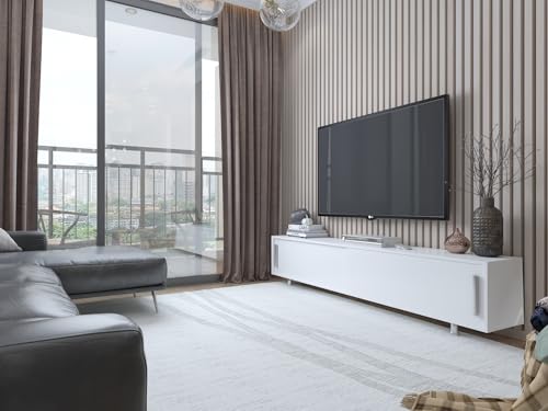 Hanah Home Modern White TV Stand, 180 cm x 40 cm x 30 cm | 100% Melamine Coated Particle Board, 18 mm Thick | Wall-Mountable, Multiple Shelves, Stylish Storage Solution von Hanah Home