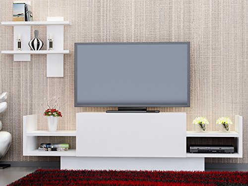 Hanah Home Modern White TV Unit with Wall Shelf, 120 cm | 100% Melamine Coated Particle Board, 18 mm Thick | Stylish Scandinavian Design, Multiple Shelves von Hanah Home